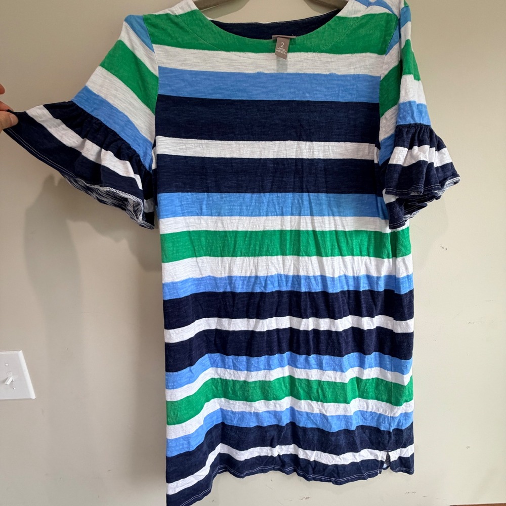 Chico s Striped Ruffle Sleeve Top Women Size 2 Large Blue Green Coastal Preppy